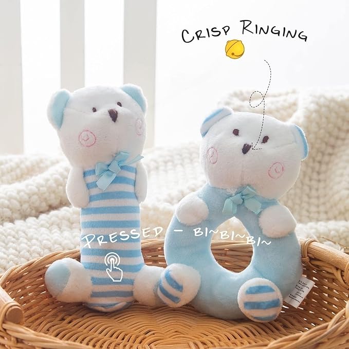 Plush Baby Soft Rattle Toys, Blue Bear Baby Rattles for Infants Baby First Stuffed Animal Plush Rattle Shaker Set for Newborns Soft Ring Rattle Sensory Toys for Infant Boys Girls Shower Gifts, 2 PCS