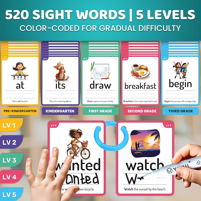 QUOKKA 520 Sight Words Flash Cards for Kids – 5 Levels from Pre-K to 3rd Grade – Bold Font & Jumbo Size & Dry Erase Color-Coded Cards with Rings for Sorting – Based on Dolch & Fry Word Lists