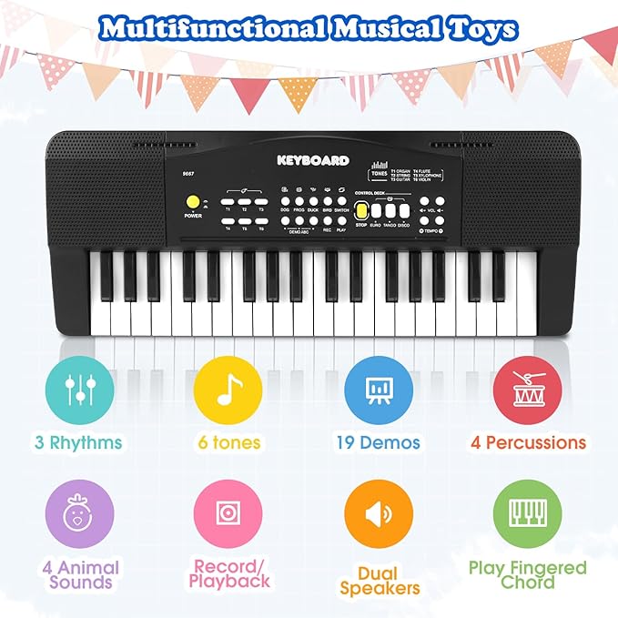 Toy Piano Keyboard for Kids Upgrade Electric Pianos Toys for 3 4 5 6 7 8 Year Old Girls Boys Beginners Keyboards with Microphone Toy for 3+ Year Old Kid Gifts (Black)