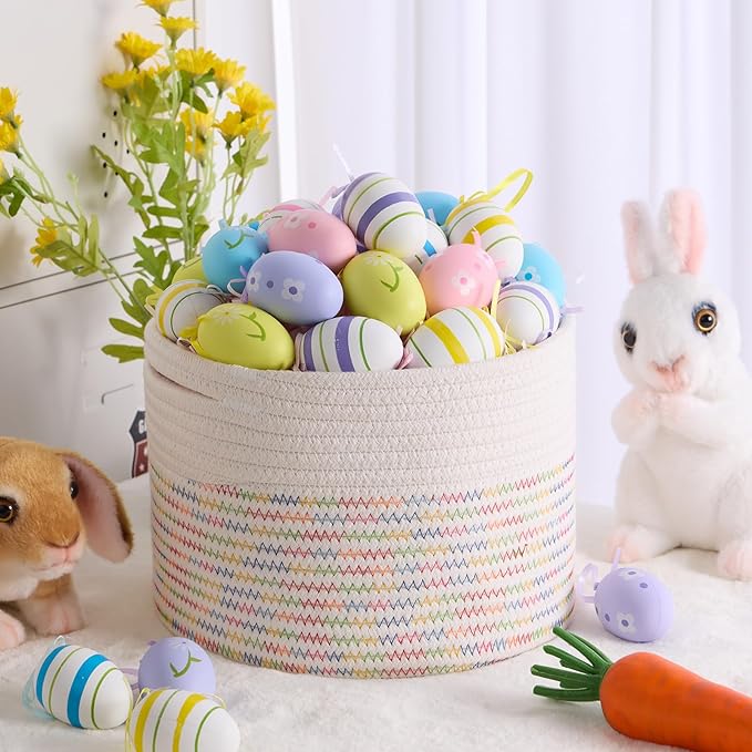 Small Basket for Organizing | Cube Shelf Closet Storage Baskets | 9.7×9.7×7.1” | Woven Rope Gift Basket | Nursery | Round 3 Packs Rainbow