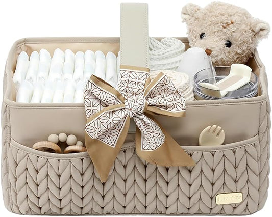 Luxurious Baby Diaper Caddy, Nursery Storage Basket for Newborn Essentials, Travel Baby Basket for Diapers Baby Wipes, Organizer Tote Bag Storage Bin, Baby Shower Gifts(Beige)