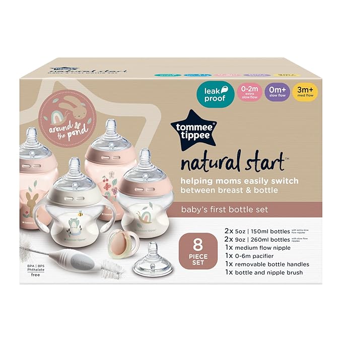 Tommee Tippee Natural Start 8 Piece BPA Free Bottle Set, Includes 2 x 5 oz & 2 x 9 oz Bottles, 1 x Medium Flow Nipple, 1 x 0-6m Pacifier, 1 x Removable Bottle Handle, 1 x Cleaning Brush, Pink