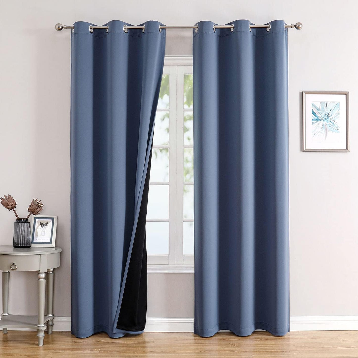 ChrisDowa 100% Blackout Curtains 84 inch Long for Bedroom with Black Liner, 2 Thick Layers Total Blackout Thermal Insulated Grommet Window Curtains 2 Panels Set (Stone Blue, 38 x 84 Inch)