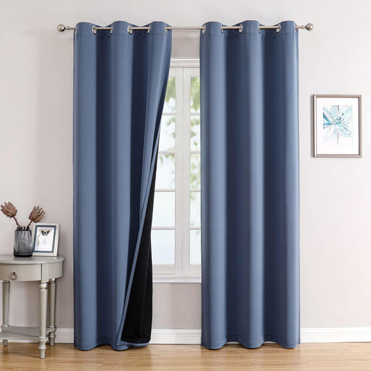 ChrisDowa 100% Blackout Curtains 84 inch Long for Bedroom with Black Liner, 2 Thick Layers Total Blackout Thermal Insulated Grommet Window Curtains 2 Panels Set (Stone Blue, 38 x 84 Inch)