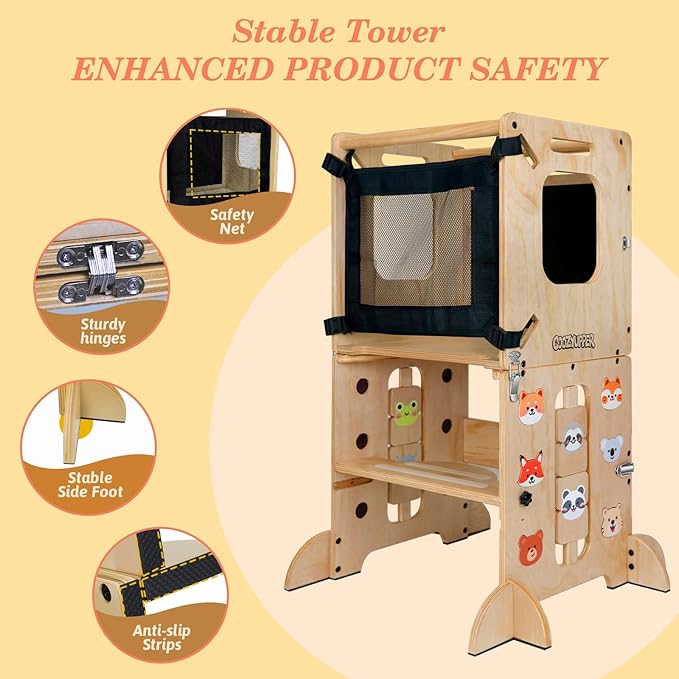 Toddler Kitchen Stool Helper, CPC Certified Foldable Toddler Tower, Learning Wooden Tower with Support Feet and Chalkboard, Anti-Drop Structure, Safe Design for Kids, Natural