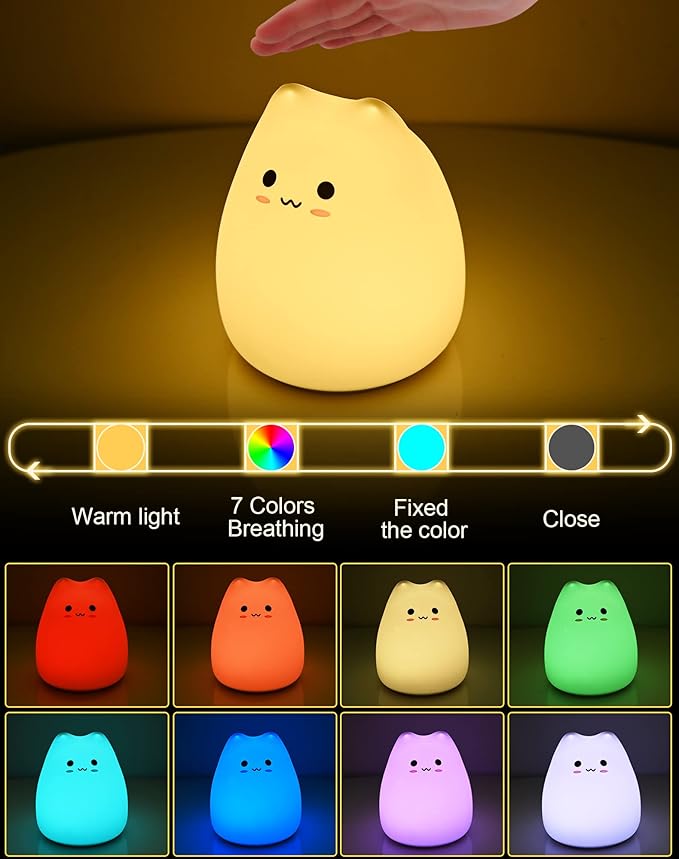 LED Cat Night Light, Battery Powered Night Light for Kids, Silicone Multicolor Cute Lamp with Warm White and 7-Color Breathing Mode, Christmas Gifts for Kids, Baby, Children, Lady (Cute Cat)