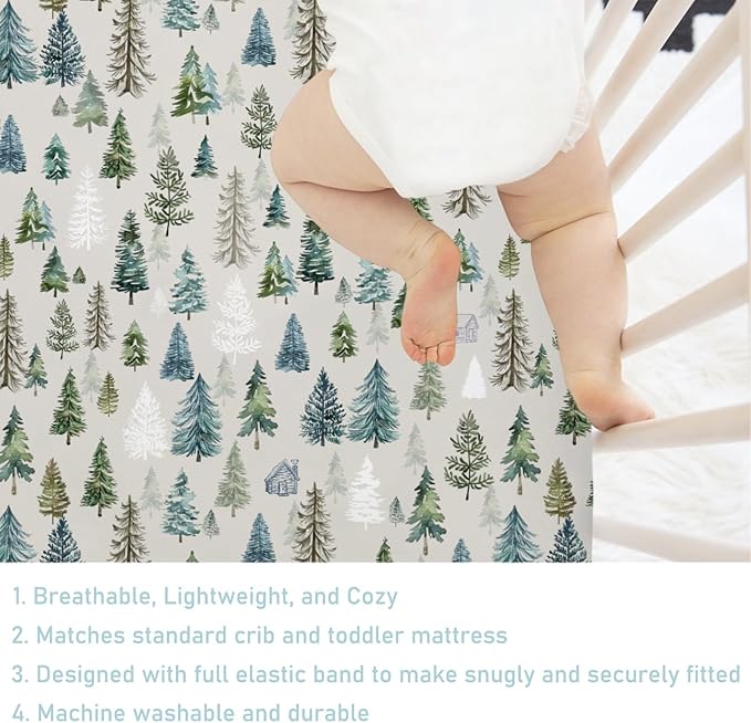 Boho Green Trees Baby Crib Sheet 52''x28'' Retro Pine Trees Stretchy Fitted Crib Mattress Cover for Boy Girl Winter Holiday Soft Baby Bed Sheets for Standard Crib and Toddler Mattresses