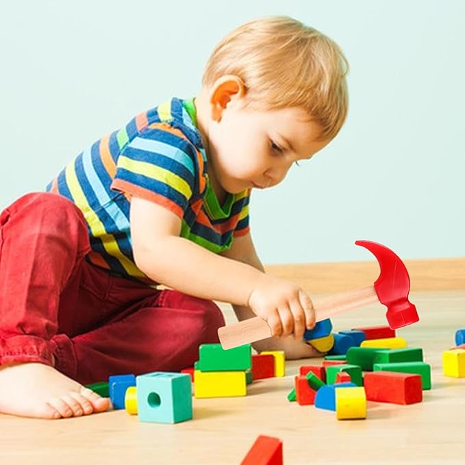 10 Pcs Kids Wooden Hammer Toy with 100 Pcs Colorful Wood Golf Tees, Small Plastic Hammer Simulation Hammers Educational Toys for Children Gift Birthday Party Halloween (Red)