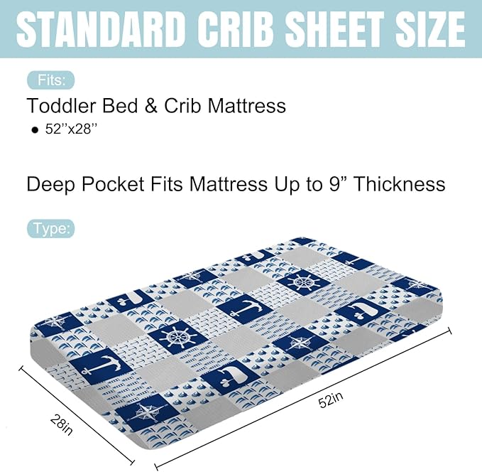 Navy Nautical Life Baby Crib Fitted Sheet 52''x28'' Sea Marine Lighthouse Compass Whale Fitted Crib Mattress Sheet for Boy Girl Nursery Bed Sheets for Standard Crib and Toddler Mattress
