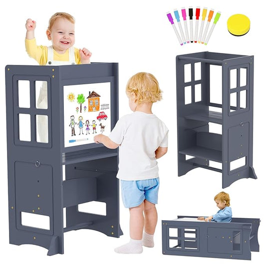 4 in 1 Toddler Kitchen Stool Helper, Adjustable Height Learning Standing Tower with Whiteboard, Toddler Step Stool 2 in 1 Convertible Table and Chair for Kids 1.5 to 6 Years Old