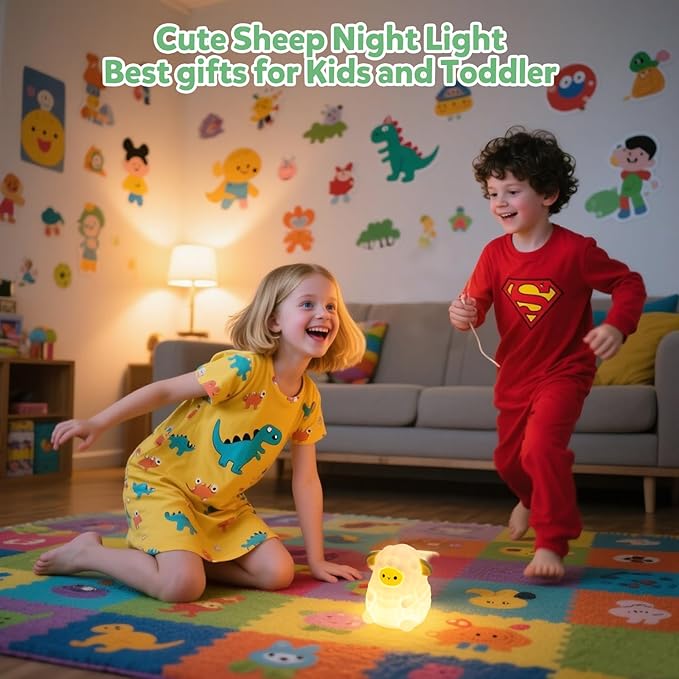 Cute White Sheep Night Light for Kids, 7-Color Changing & 3 Adjustable Brightness Levels,Rechargeable Silicone Bedside Lamp, Animal Night Lamp for Kids Room, Gift for Boys & Girls