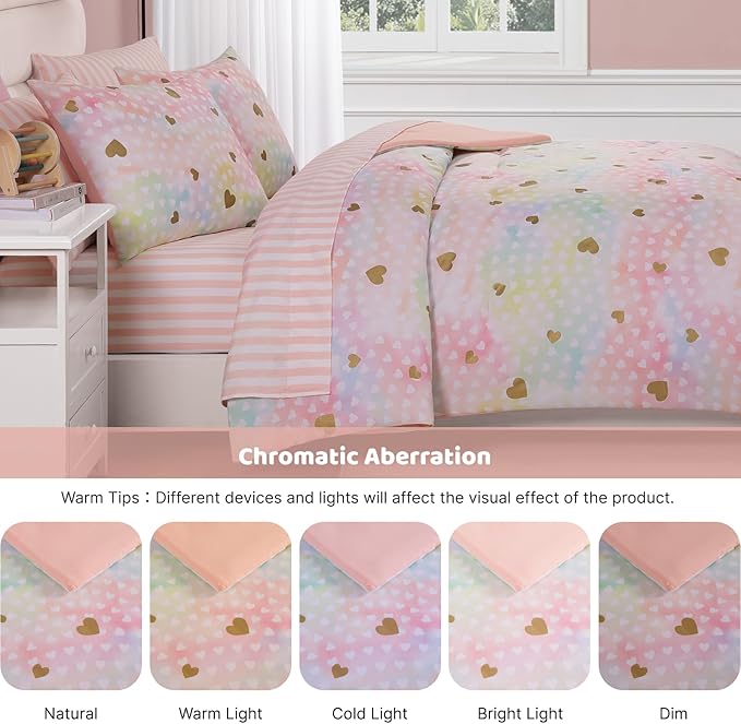 Queen Comforter Set with Sheets for Girls-7 Pieces Queen Bedding Sets with Pink Comforter, Sheets, Pillowcases & Shams for Kids (Colorful Gold Heart, 90" X 90")