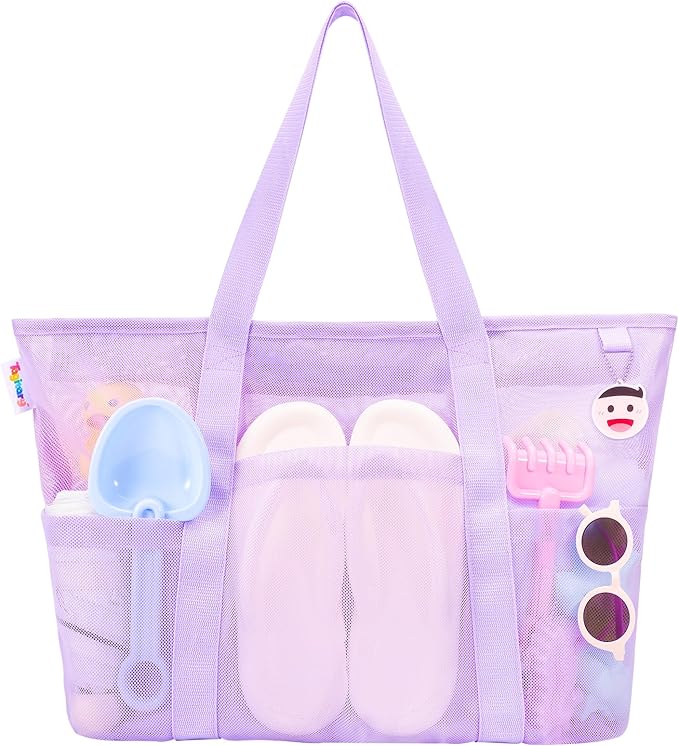 Tagitary Mesh Beach Bag with Zipper Large Beach Tote Waterproof Sandproof with 8 Pockets for Toys Pool Bag Beach Accessories