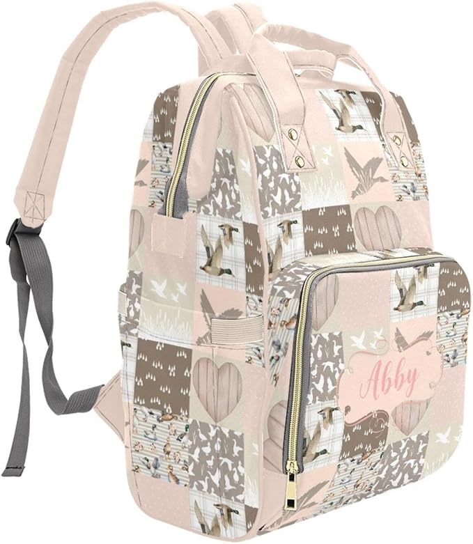 Custom Mallard Pink Baby Diaper Bag with Name – Personalized Nursing Travel Tote Backpack for Mom or Dad, Custom Name Baby Daypack Gift
