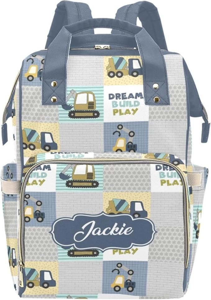 Custom Construction Baby Diaper Bag with Name – Personalized Nursing Travel Tote Backpack for Mom or Dad, Custom Name Baby Daypack Gift