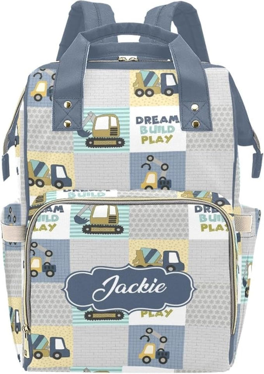 Custom Construction Baby Diaper Bag with Name – Personalized Nursing Travel Tote Backpack for Mom or Dad, Custom Name Baby Daypack Gift