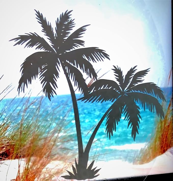 DCentral® Palm Tree - Decorative Window Vinyl “Etched” Glass Cling Decal – 8” x 12”. Objects are Opaque – Background is Clear