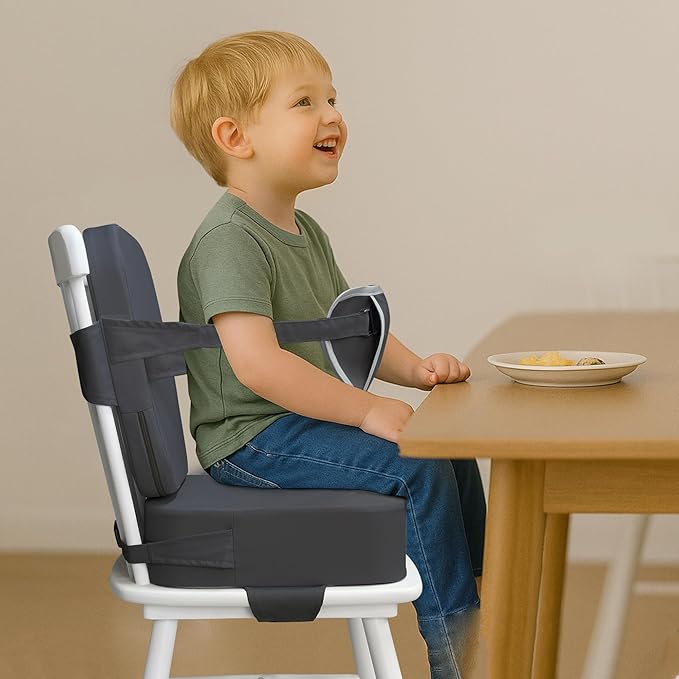 Toddler Booster Seat for Kitchen Chair and Dining Table, Non-Slip Cushion with Backrest, Adjustable Straps, Waterproof and Portable for Travel - Dark Grey