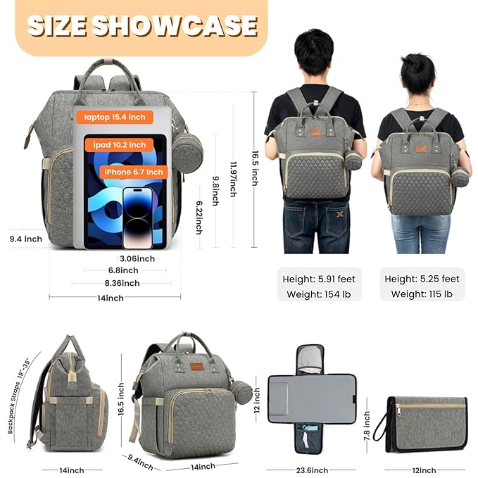 Baby Diaper Bag Backpack with Changing Pad, Pacifier Case, for Boy Girl Toddler - Large, Stylish, Waterproof Travel Quilted Diaper Bag for Mom - Baby Shower Gifts - Grey