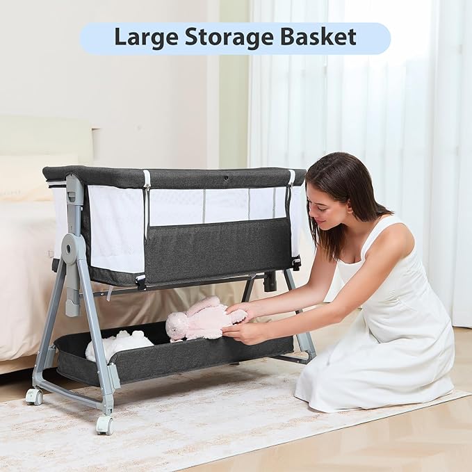 3-in-1 Baby Bassinet Bedside Sleeper with Wheels Bedside Bassinet for Newborn and Infant with Mattress and Storage Basket | Adjustable Height & Angle (13.5-18") | ASTM/CPSIA Certified (Black)