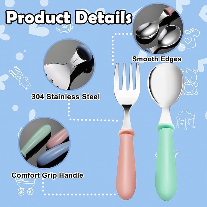 12 Pieces Toddler Utensils,Stainless Steel Baby Forks and Spoons Silverware Set,Kids Silverware Set Children's Cutlery Set with Round Handle,Toddler Flatware Fork Spoon Set,Dishwasher Safe