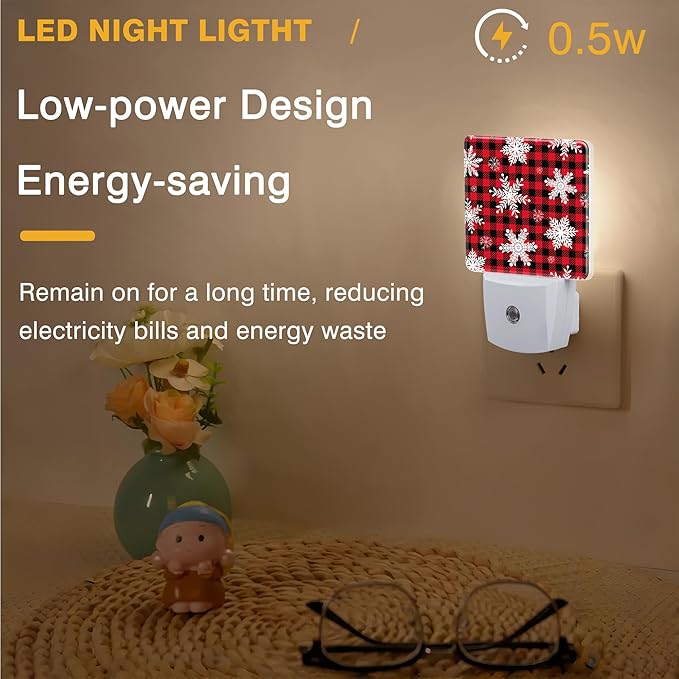 Christmas Snowflakes Night Light, Red and Black Checkered Plug-in Nightlight with Dusk to Dawn Auto Sensor for Home Bedroom Hallway Kitchen 0.5W Sleep Friendly Led Lamp for Women Men