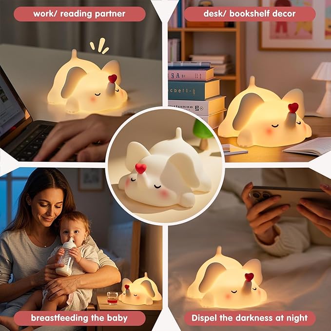 Sweet Heart Elephant Night Light, LED Squishy Novelty Animal Cute Lamp, Food Grade Silicone Nightlight, Dimmable Light Up Elephant Decor for Room College, Boys Girls White Elephant Gifts
