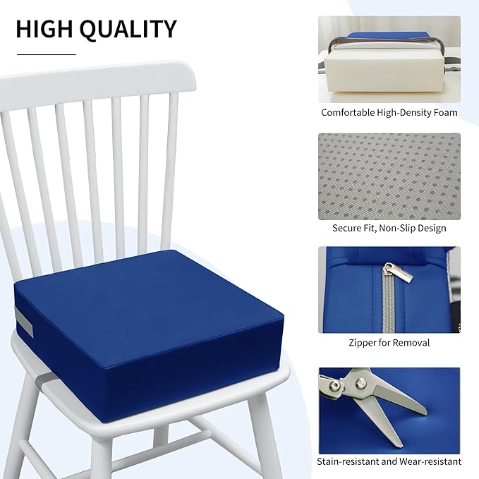 Toddler Booster Seat for Dining Table, 2 Elastic Seat Belts, Anti Scratch PU Skin-Friendly, Waterproof, Anti-Wrinkle, Detachable Non-Slip Bottom - Dark Blue