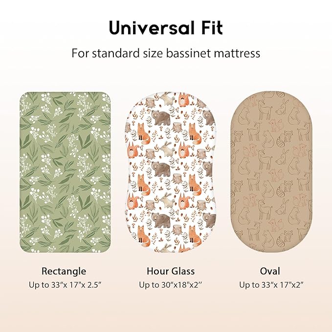 Baby Bassinet Sheets Girl Boy, Fitted Bassinet Sheet Set 3 Pack Bassinet Mattress Sheets Universal Fit for Rectangle, Round, Oval, Hourglass Mattress, Soft Breathable Green & Brown Fox