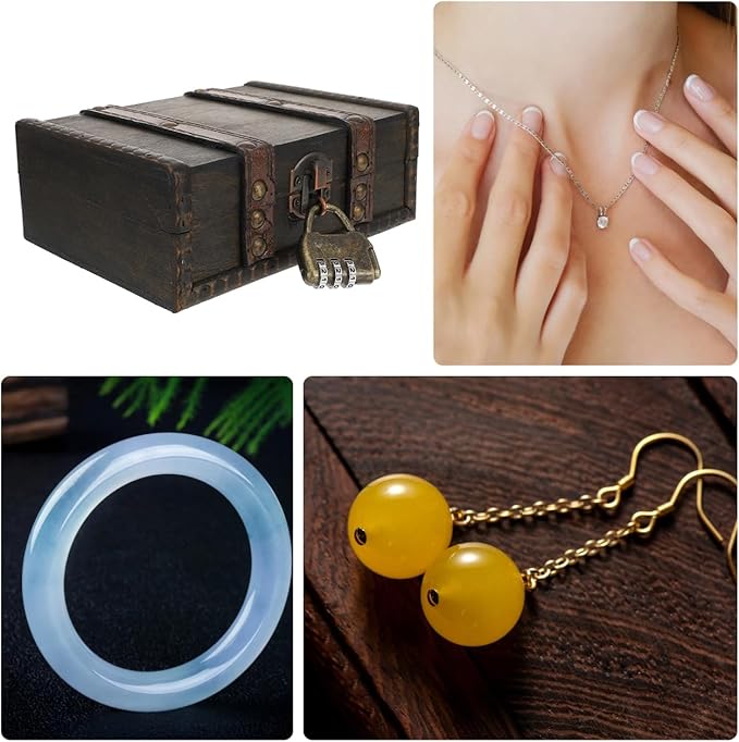Veemoon Wooden Treasure Chest Box with Lock, Retro Pirate Jewelry Box Antique Cosmetic Storage Case Portable Chest with Hinged Lid Lock for Jewelry Cosmetic Photography Party Decoration (6 * 4.6")