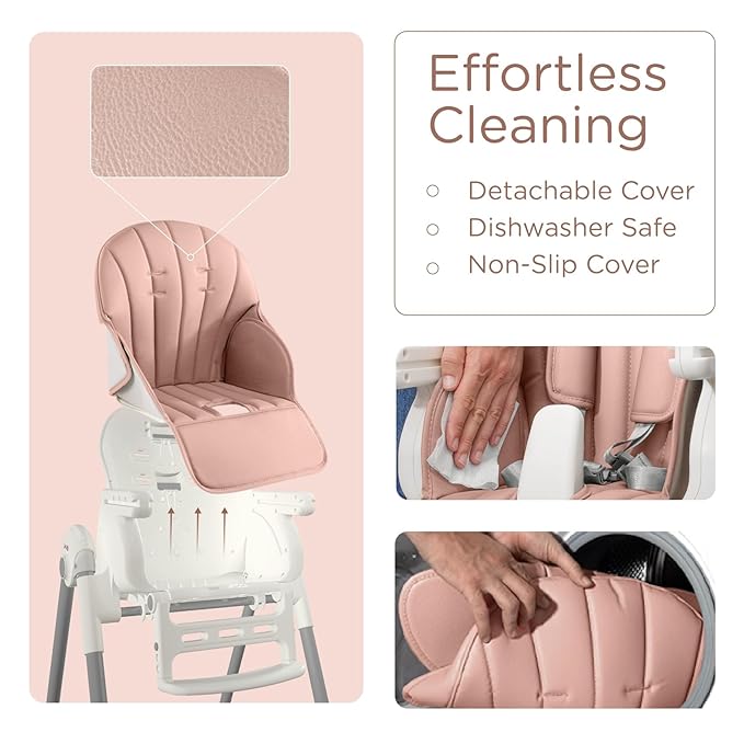 KÜB 3-in-1 Foldable Baby High Chair | 7 Height & 4 Recline Adjustable | Removable Seat & Tray for Easy Clean | 2 Locking Wheels | Multifunctional Infant High chairs for Babies and Toddlers Girl (Pink)