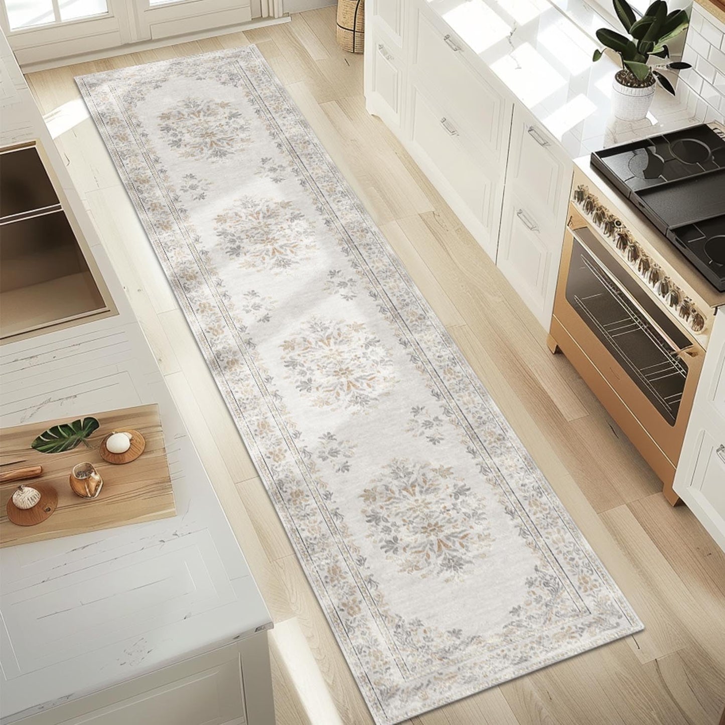 jinchan Hallway Runner Rug 2x10 Vintage Floral Distressed Design - Machine Washable Non-Slip Low-Pile Soft Thin Faux Wool Kitchen Carpet for Farmhouse Bedroom Laundry Room(2x10ft,Light Grey)