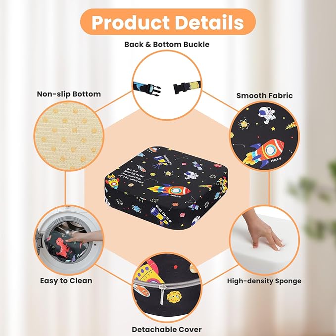 Toddler Booster Seat for Dining Table, Kids Booster Seat for Kitchen Chair with Non-Slip Bottom, Portable Detachable Washable Increasing Cushion with 2 Adjustable Straps (Universe)