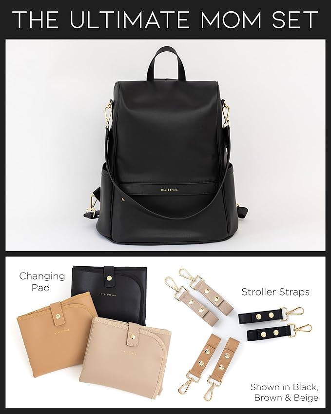 MIA + SOPHIA Leather Diaper Bag Backpack with USB Charging port, Changing Pad, Stroller Straps (Black Mia)