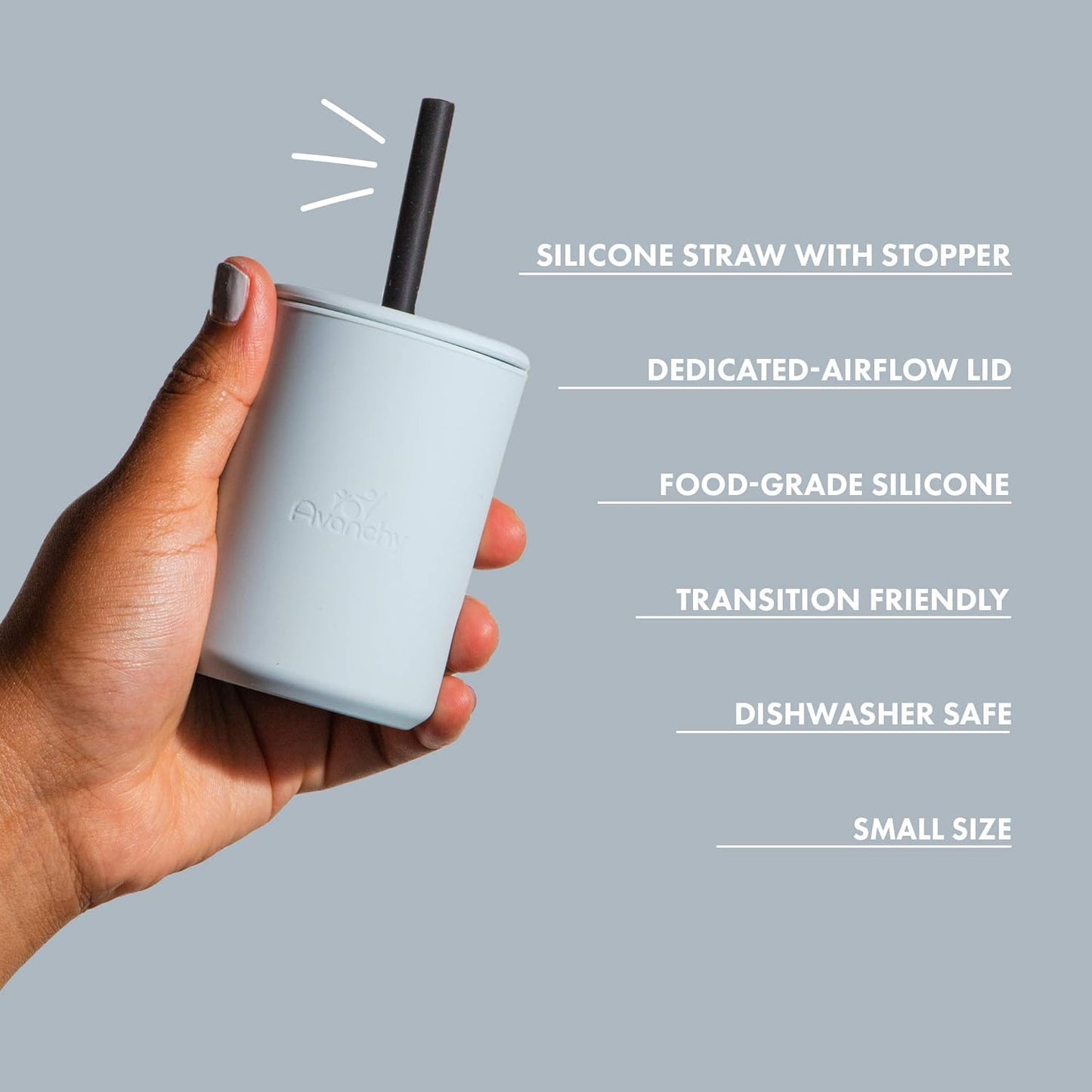 Avanchy Silicone Training Sippy Cup with Straw Lid – Tiny Cup for Babies 6+ Months to Toddlers 1 Year Old – 5 oz Infant Water Cup for Baby Led Weaning, Black