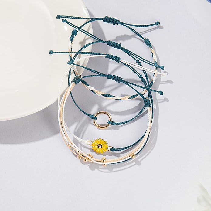 FANCY SHINY Sunflower String Bracelet Boho Braided Rope Wrap Bracelets Cute Summer Beach Surfer Jewelry for Women Christmas Gifts