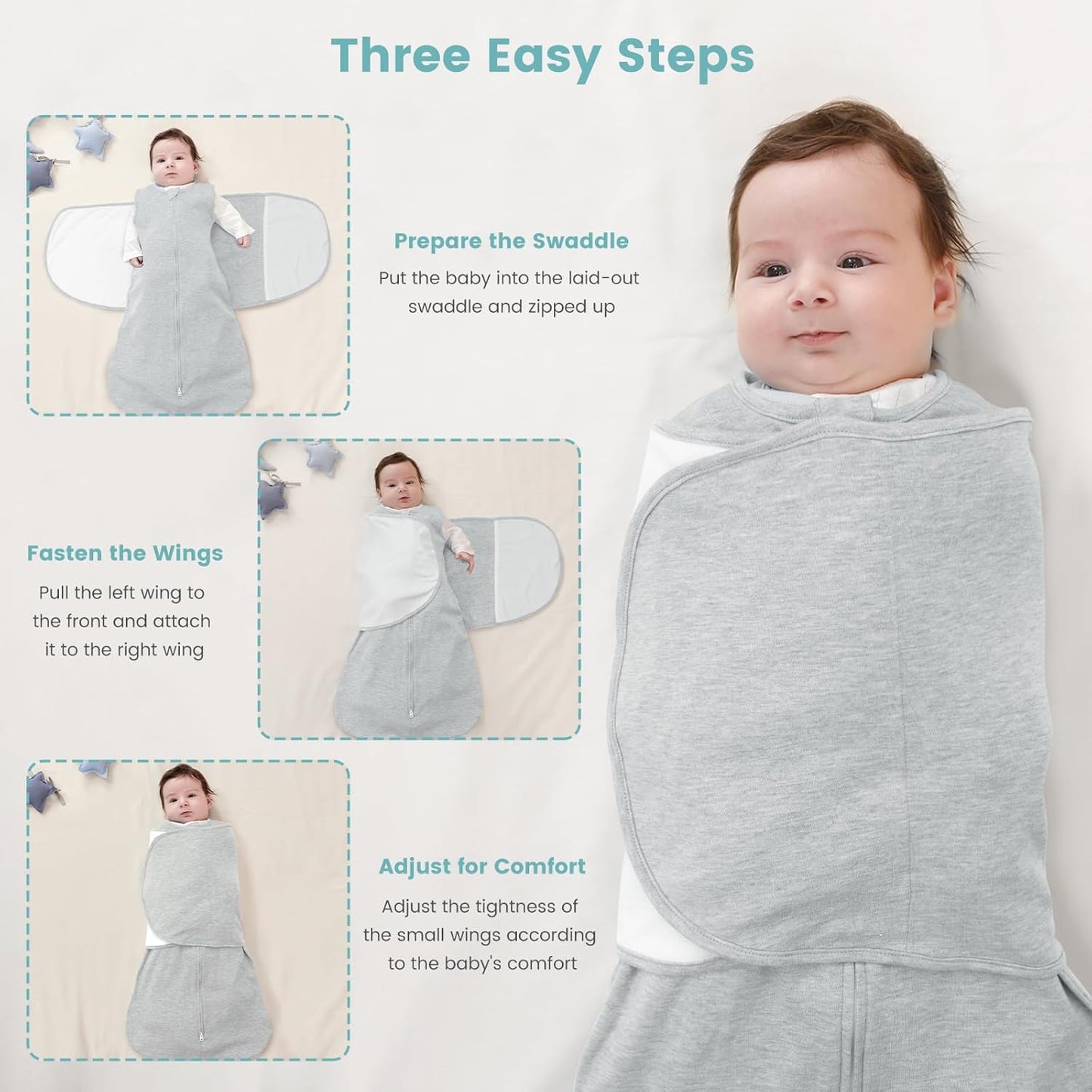 Baby Swaddle Sleep Sack 1.0 Tog 3-in-1 Cotton Baby Swaddle Blanket Wrap for Newborns 6-12 Months Grey