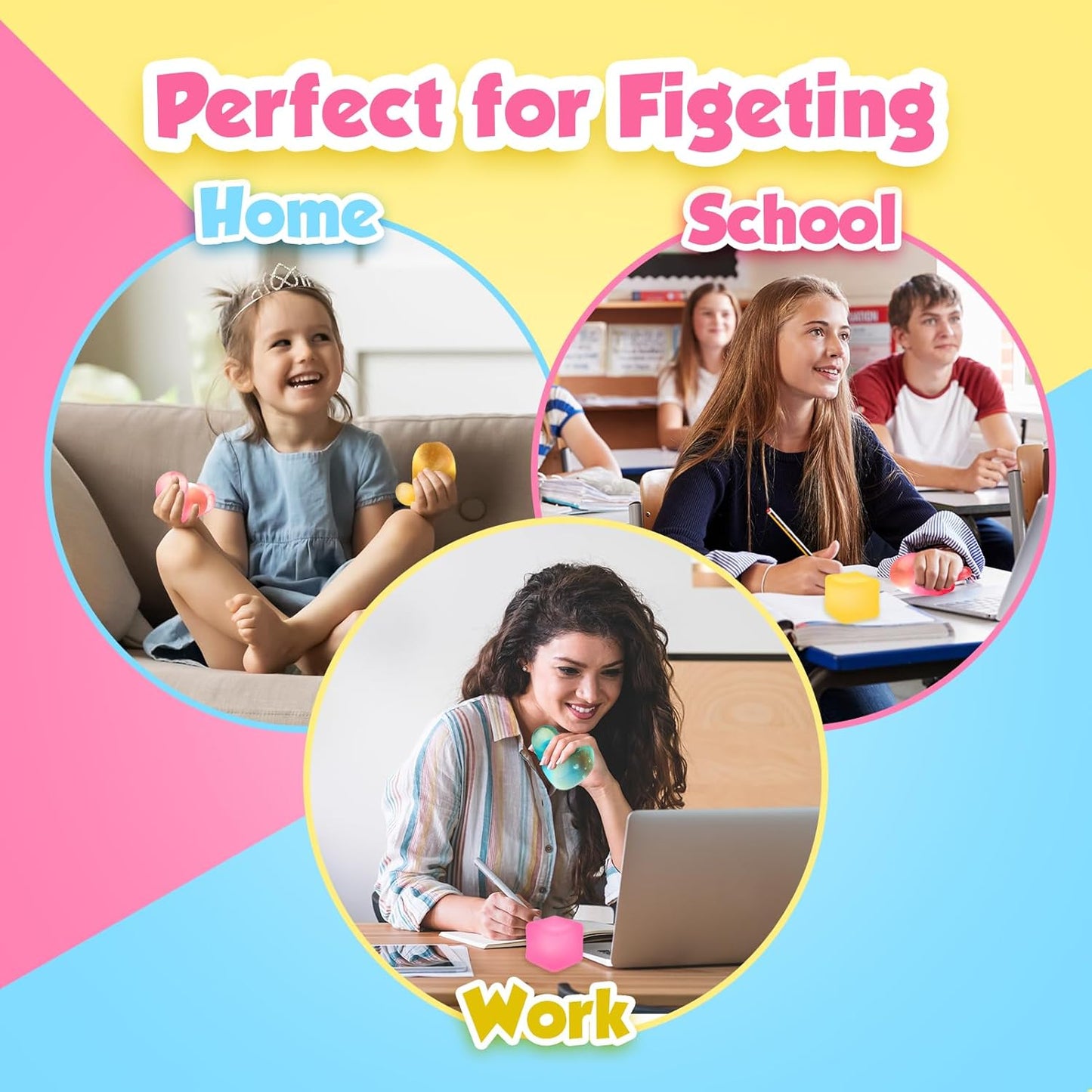 Fidget Toy Stress Cube 3 Pack - Squishy Fidget Toys for Anxiety Relief, High Density Gel Filled, Fidgets for Classroom, Calming Toys for Kids Adults Children Teens