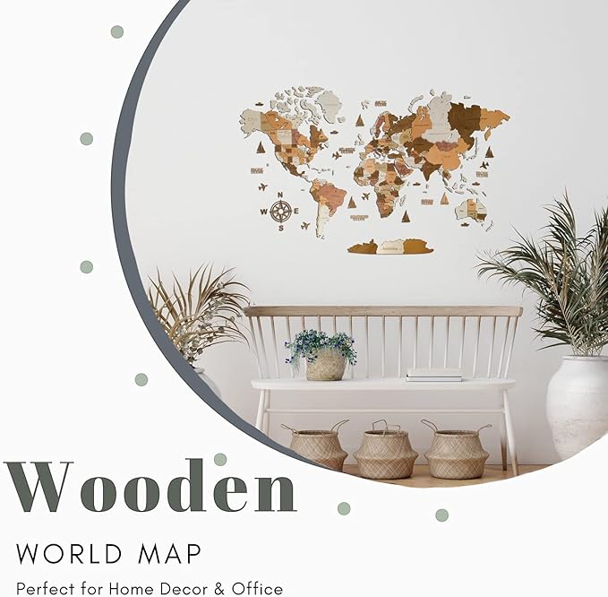 Wooden World Map 3D Art Large Wall Decor - Size (M, L, XL) Any Occasion Gift Idea - Wall Art For Home, Kitchen or Office