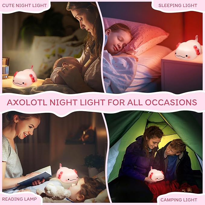 Axolotl Night Light for Kids - 3-Level Dimmable Silicone Lamp, USB-C Rechargeable Nursery Light with Auto-Off Timer for Bedroom & Breastfeeding (Squishy Animal)