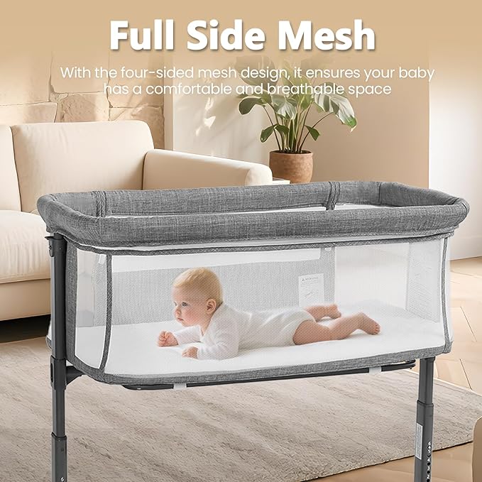 Kinder King Baby Bassinet w/Wheels, Folding Portable Newborn Bedside Sleeper, All-Sided Mesh Infant Crib, Adjustable Height, Removable Soft Mattress, No Tool to Assemble, Grey
