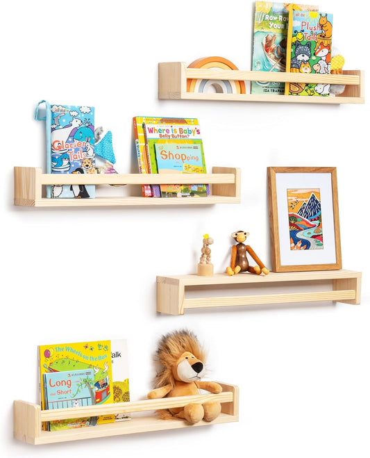 Fun Memories Nursery Book Shelves - Rustic Natural Solid Wood Floating Bookshelf for Kids - Wall Book Shelves for Kids Room (Natural, 24inch - 4P)