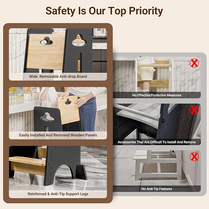 COSYLAND Toddler Standing Tower Adjustable Height - Super Stable Kids Kitchen Stool Helper - 3 Levels Adjustable Wooden Toddler Kitchen Stool (Natural & Dark Gray)