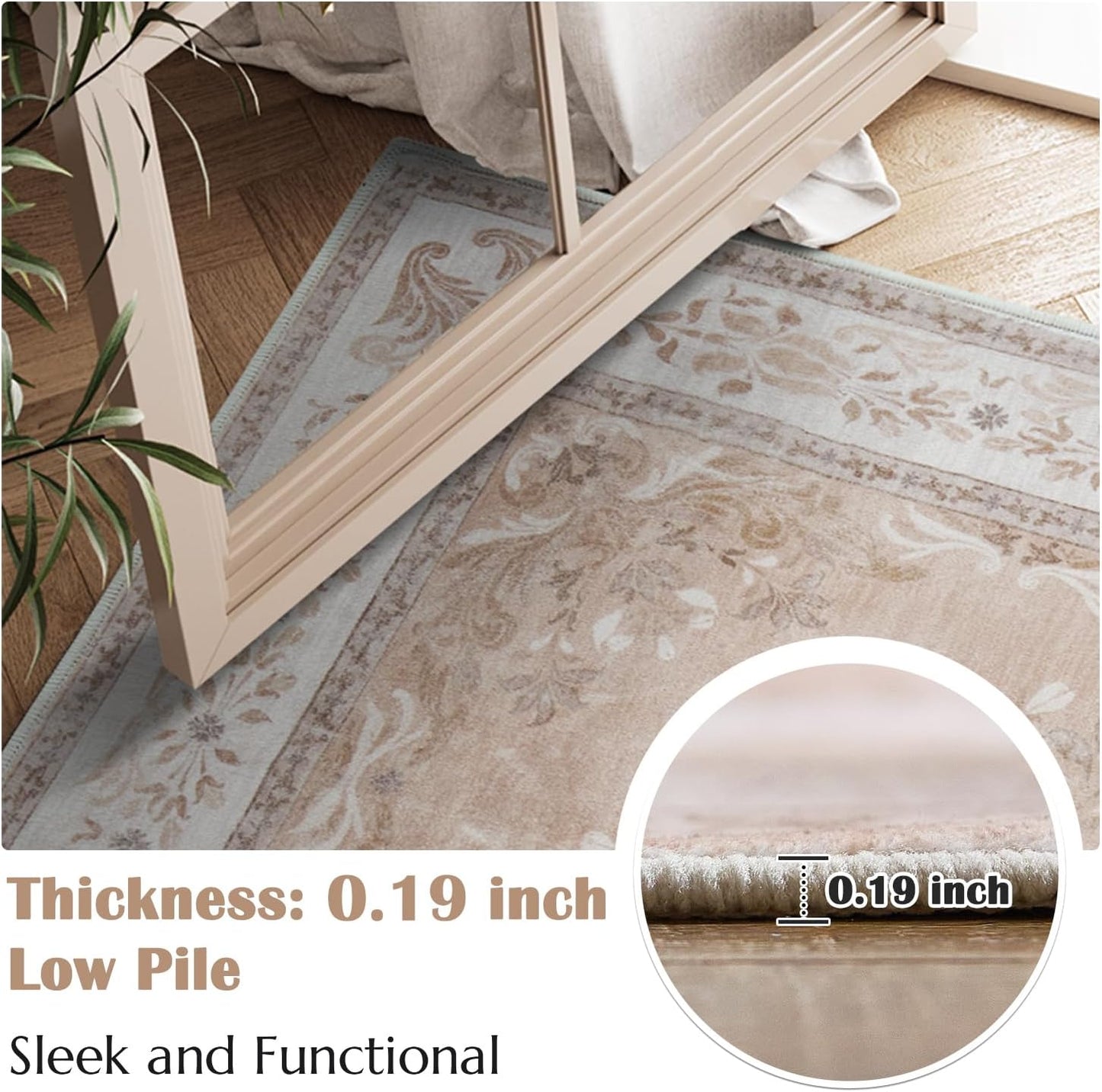 jinchan Vintage Floral 3x5 Area Rugs for Entryway - Machine Washable Distressed Design Ultra-Thin Low-Pile Soft Non-Shedding Carpet for Kitchen Bedroom Entrance Laundry Living Room (3x5ft,Coral Pink)