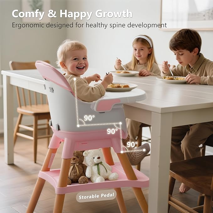 Kinder King 7 in 1 Baby High Chair for Babies and Toddlers with Large Storage Footrest, Booster Seat, Convertible Wooden High Chair with 3-Depth Double Dishwasher Safe Tray, 5 Point Harness, Pink