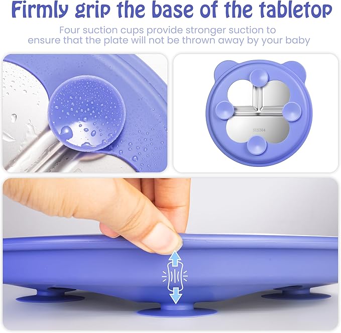 Stainless Steel Kids Plate with Suction Set of 2, 9″ Toddler Divided Plates with Removable Non Slip Silicone Sleeves, Stackable Non-Toxic Baby Self Feeding Dishes, Baby Blue & Light Gray