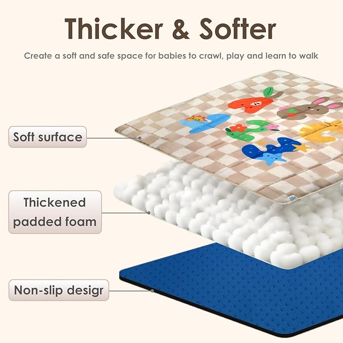 Baby Play Mat, Foldable Play Mats for Floor, 50x50 Inches Crawling Mat for Playpen with Anti-Slip Bottom, Machine Washable, Thicken Padding Foam Playmats for Babies and Toddlers (Sand Checks)