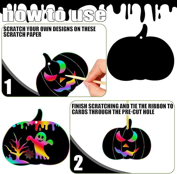 Jenaai 150 Set Halloween Scratch Art Halloween Paper Crafts Kit, 50 Pumpkin Scratch Cards Ornaments 50 Wooden Sticks 150 Ribbons for Rainbow Art Trick or Treat Party Supplies Game Goodies Gifts