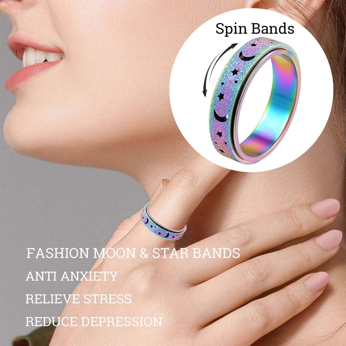 OreilleStar Anxiety Ring for Women Spinner Ring Fidget Stainless Steel Ring Fidget Toys Adults Spinner Rings Fidget Rings Fidget Ring Men Moon Star Rainbow Size 10