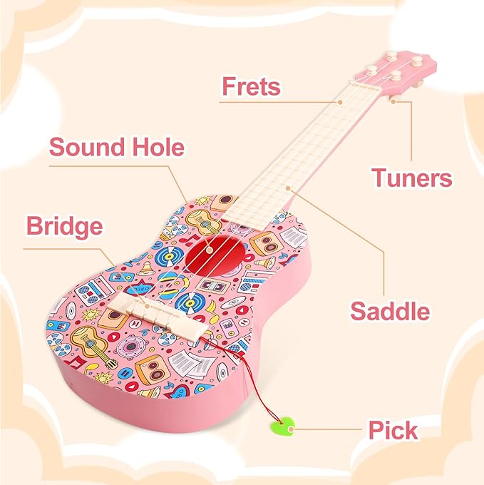LeeQee 21in Colorful Graffiti Ukulele Guitar for Kids, 4 Strings Kids Guitar Ukulele Musical Instruments Learning Educational Toys with Picks for 3 4 5 6 7 8 9 10 11 12 Toddler Boys Girls (Pink)
